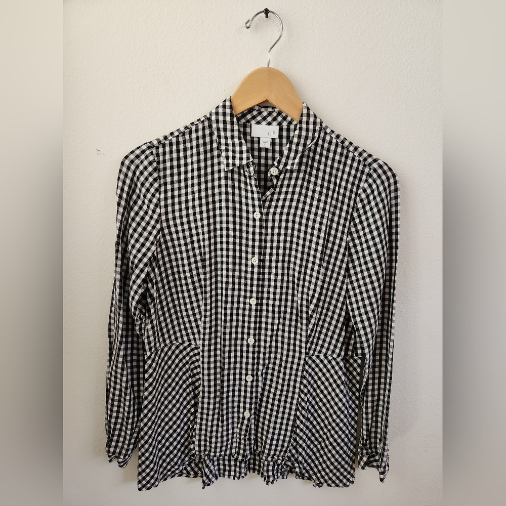 J.Jill Women's Button-Down Peplum Black White Gingham Shirt‎ Extra Small